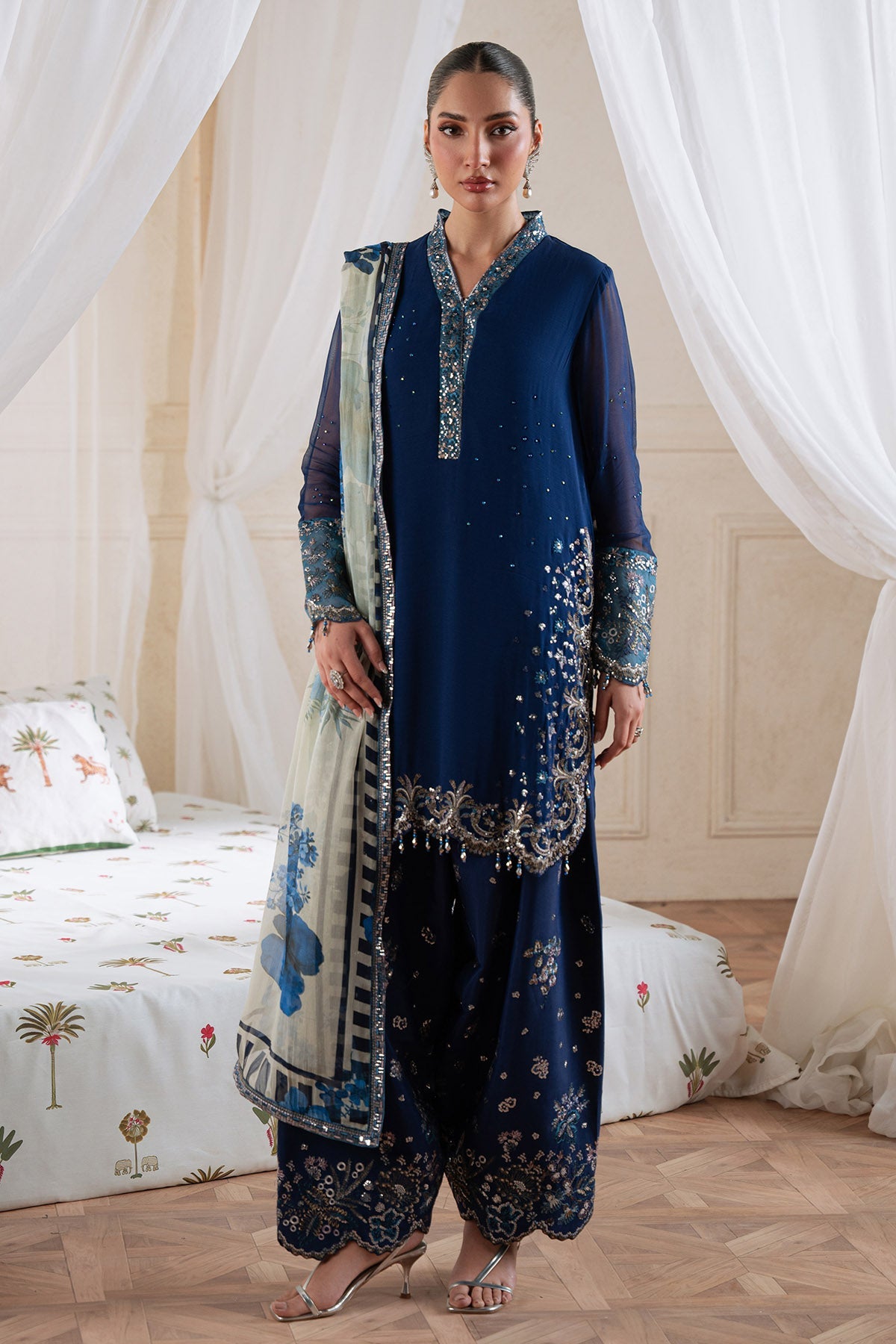 NUREH BLUE LUXURY CHIFFON COLLECTION|UNSTITCHED 3 PCS BY SHAEBIZ