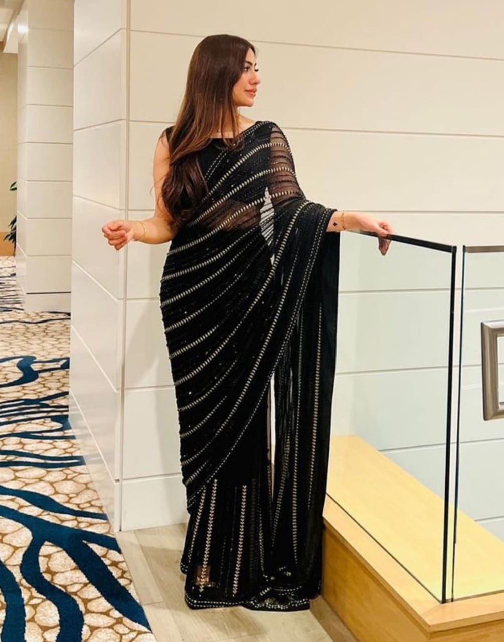 MARYAM NAFEES BLACK CHIFFON SAREE| UNSTITCHED PARTY WEAR| TOP PAKISTANI DRESS BY SHAEBIZ