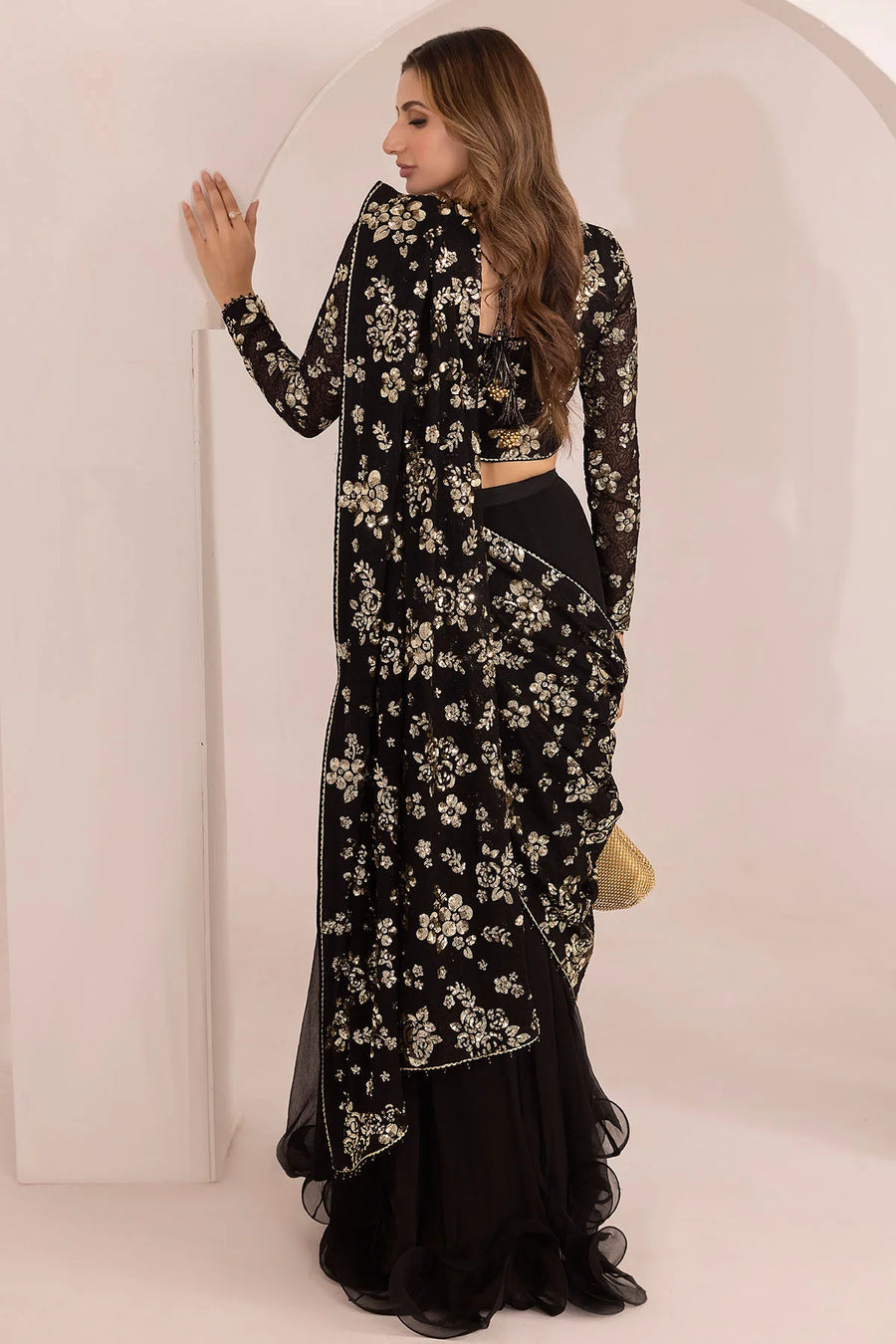 JAZMIN BLACK CHIFFON SAREE| UNSTITCHED WEDDING COLLECTION| MASTER REPLICA| TOP PAKISTANI DRESS BY SHAEBIZ