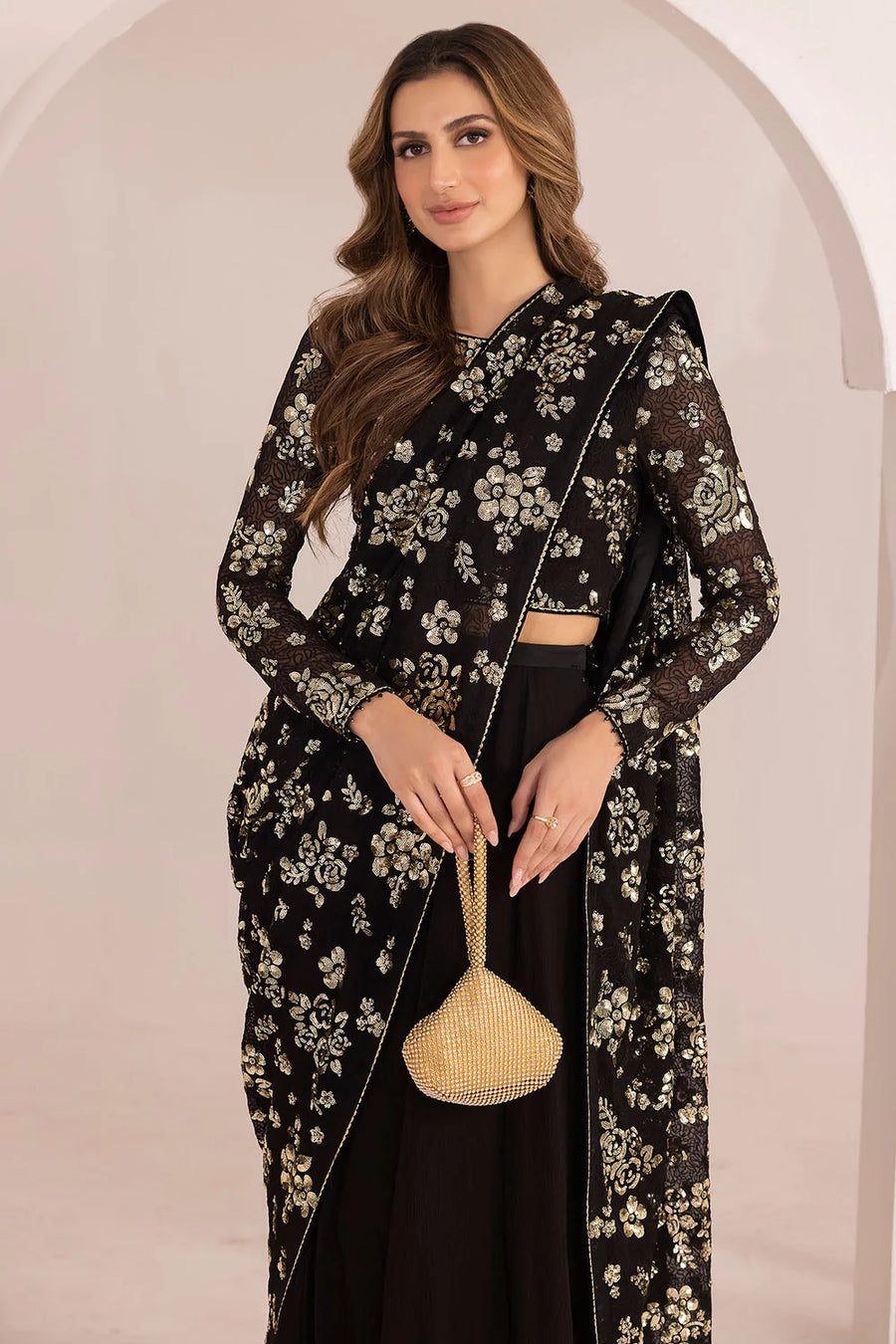 JAZMIN BLACK CHIFFON SAREE| UNSTITCHED WEDDING COLLECTION| MASTER REPLICA| TOP PAKISTANI DRESS BY SHAEBIZ