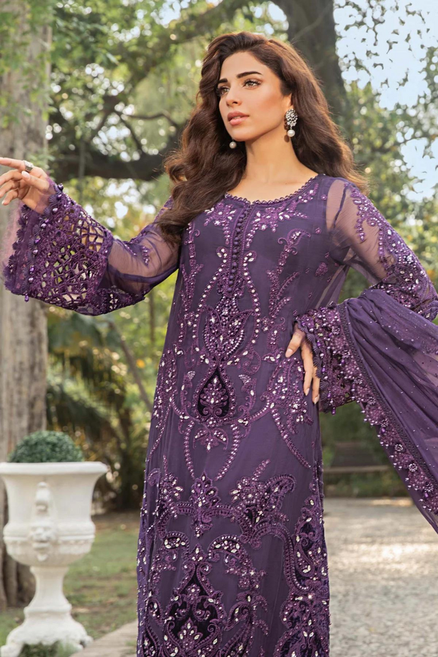 MARIA B EMBROIDERED CHIFFON COLLECTION|UNSTITCHED MASTER REPLICA|TOP PAKISTANI DRESS BY SHAEBIZ