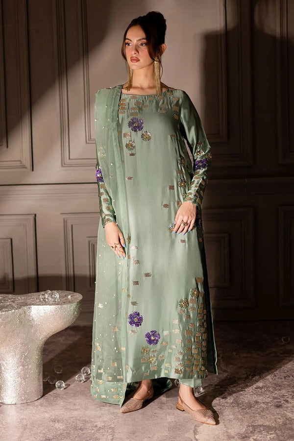 NUREH 2026 LUXURY MINT GREEN INDIAN RAW SILK| UNSTITCHED MASTER REPLICA| TOP PAKISTANI DRESS BY SHAEBIZ