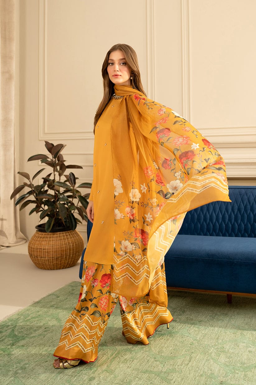 LULUSAR MUSTARD SILK DIGITAL PRINT | UNSTITCHED REPLICA | TOP PAKISTANI DRESS BY SHAEBIZ