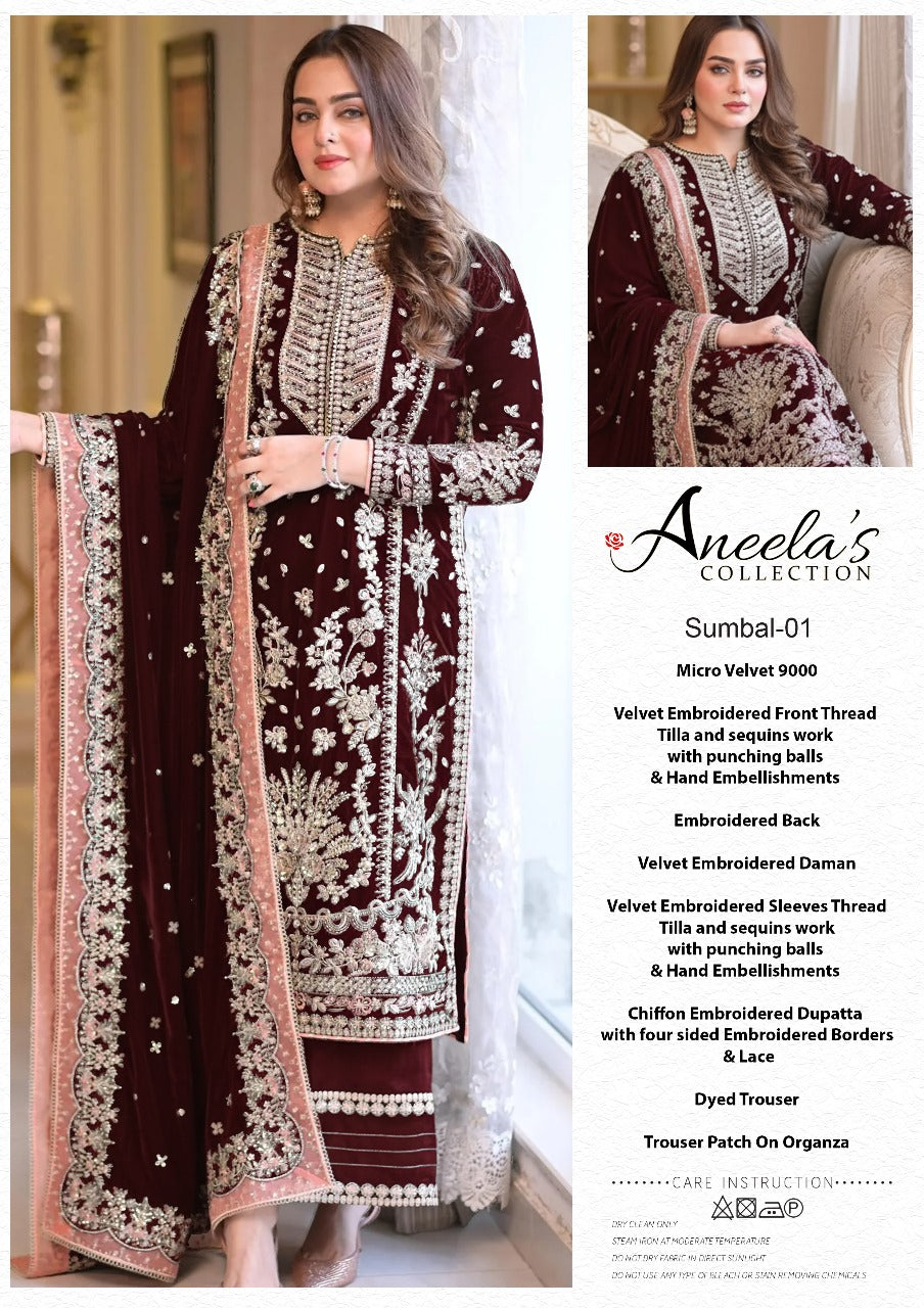 ANEELA'S NEW MAROON LUXURY VELVET| UNSTITCHED WINTER COLLECTION BY SHAEBIZ