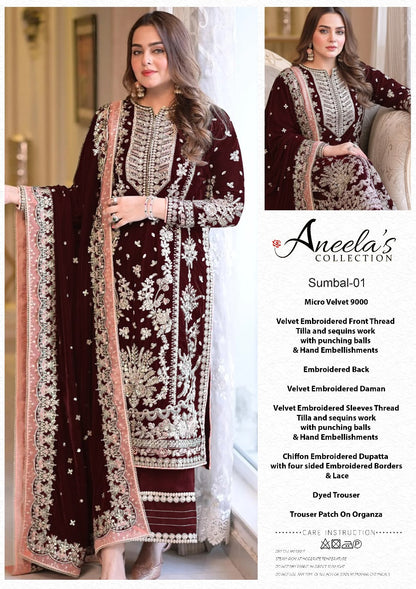 ANEELA'S NEW MAROON LUXURY VELVET| UNSTITCHED WINTER COLLECTION BY SHAEBIZ