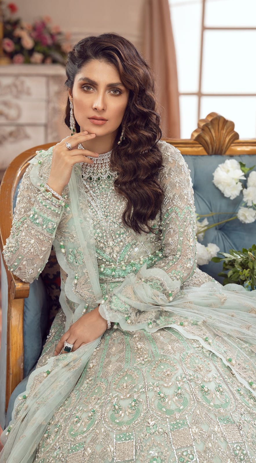 ayeza khan green dress Ayeza Khan - Emerald Green Raw Silk Set main image 0