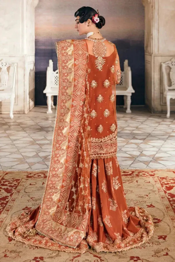 AFROZEH BURNT ORANGE LUXURY WEDDING EDITION| UNSTITCHED COLLECTION| TOP PAKISTANI DRESS BY SHAEBIZ
