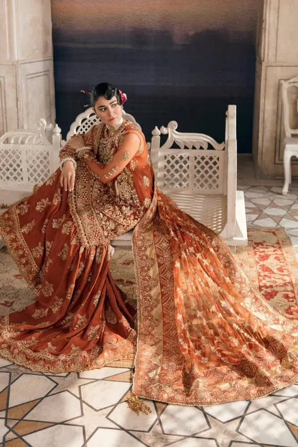 AFROZEH BURNT ORANGE LUXURY WEDDING EDITION| UNSTITCHED COLLECTION| TOP PAKISTANI DRESS BY SHAEBIZ