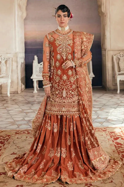 AFROZEH BURNT ORANGE LUXURY WEDDING EDITION| UNSTITCHED COLLECTION| TOP PAKISTANI DRESS BY SHAEBIZ