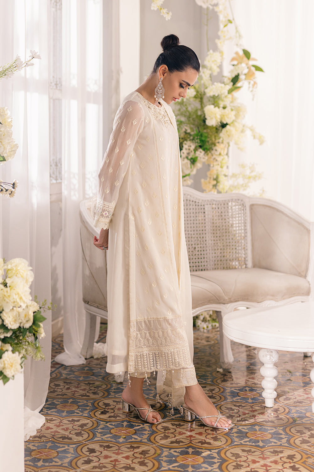 white embroidered pakistani dresses Buy Off White Embroidery Pant Style Pakistani Suit Online main image 0