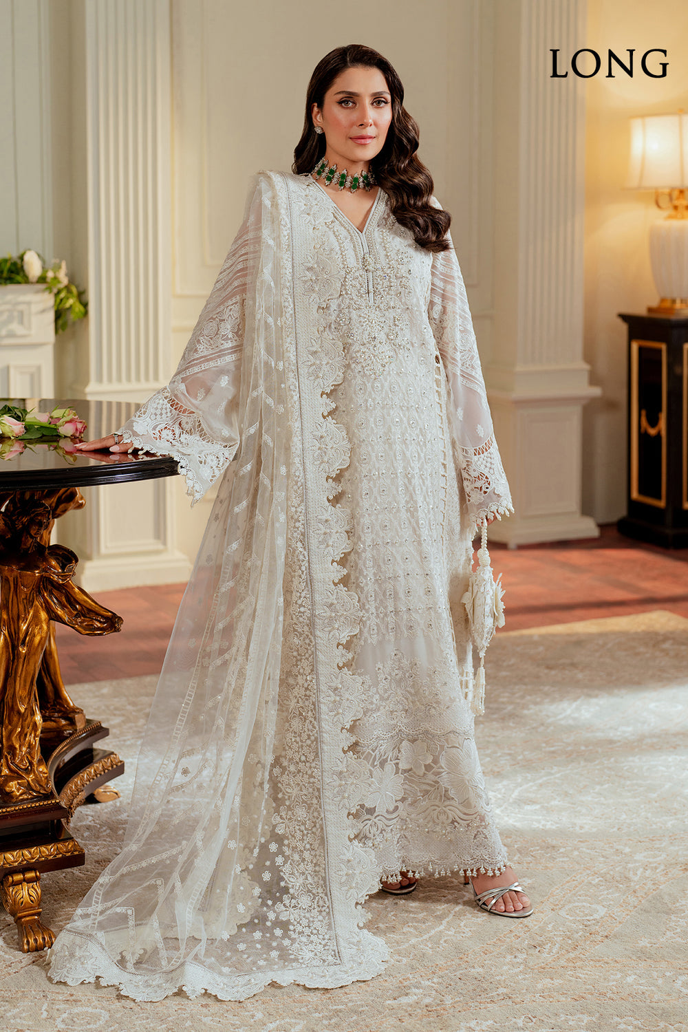 Discover Baroque Chantelle Embroidered Chiffon Collection worn by Ateza Khan — a luxurious unstitched dress featuring delicate embroidery and premium chiffon fabric. This top Pakistani designer replica by Shaebiz is ideal for formal events and festive wear. Limited stock. Order Now.
