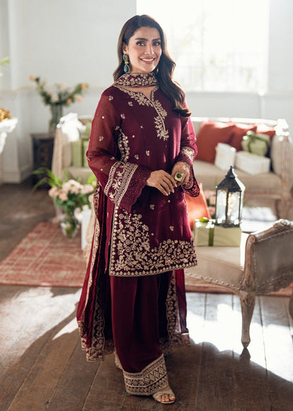 AZURE MAROON MAJESTY LUXURY CHIFFON COLLECTION| UNSTITCHED 3 PCS| TOP PAKISTANI DRESS BY SHAEBIZ