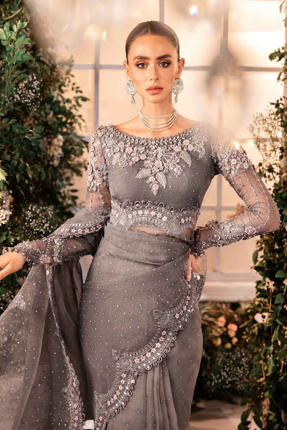 MARIA B LATEST GREY ORGENZA SAREE| UNSTITCHED WEDDING COLLECTION| TOP PAKISTANI DRESS BY SHAEBIZ