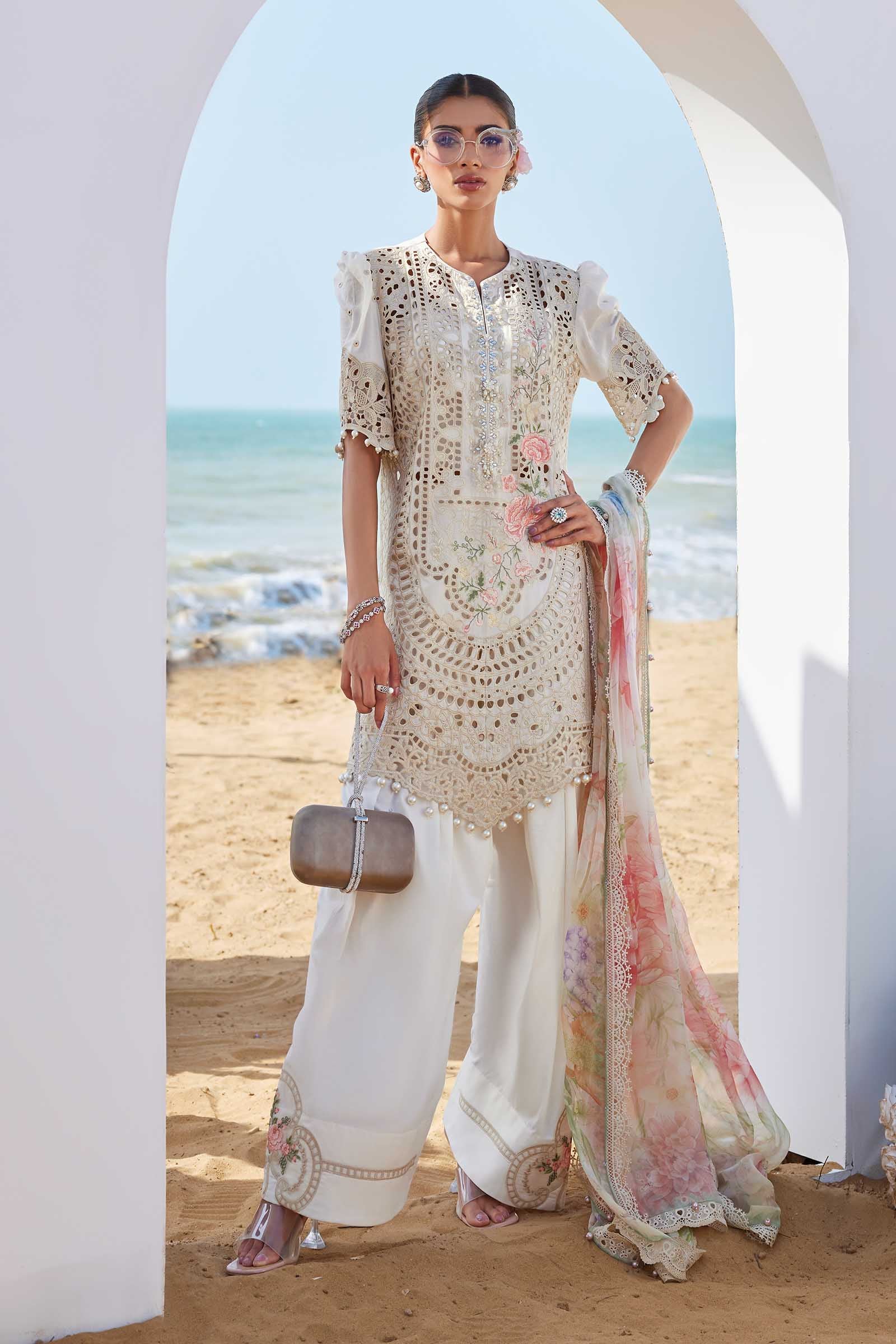 MARIA B EMBROIDERED BEIGE BELLE LUXURY LAWN COLLECTION| UNSTITCHED SUMMER COLLECTION| TOP PAKISTANI DRESS BY SHAEBIZ