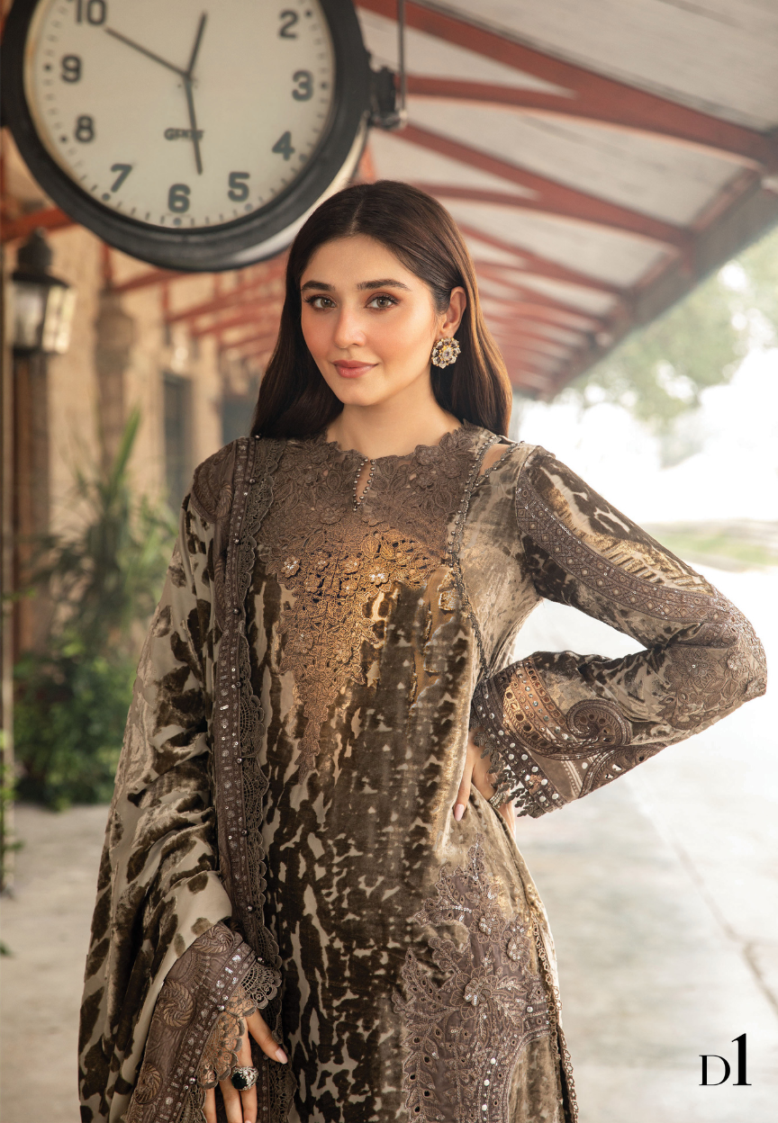 MARIA B LUXURY VELVET PALACHI| UNSTITCHED WINTER COLLECTION| TOP PAKISTANI DRESS BY SHAEBIZ