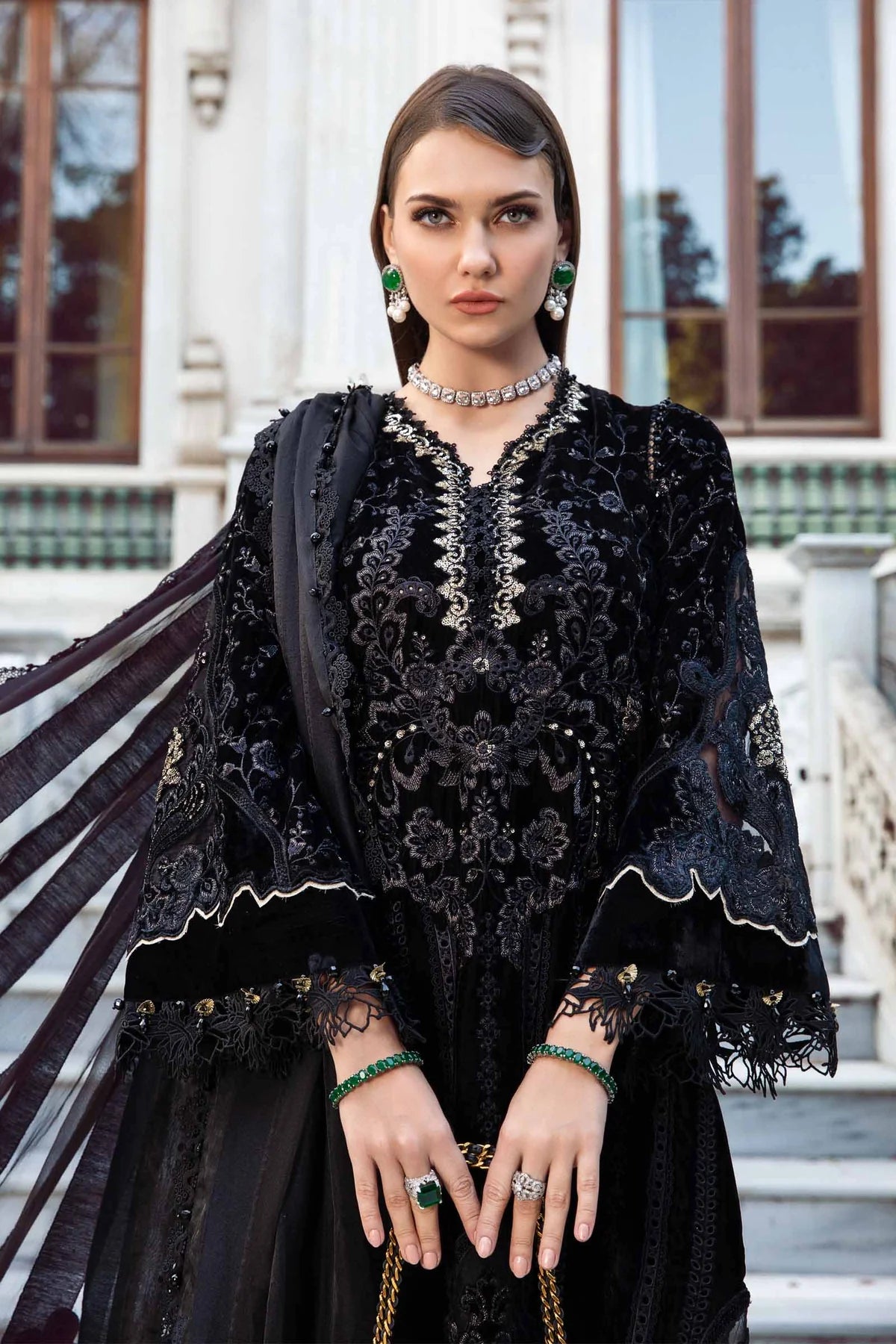 MARIA B LATEST BLACK DRESS| UNSTITCHED VELVET COLLECTION| MASTER REPLICA| TOO PAKISTANI DRESS BY SHAEBIZ