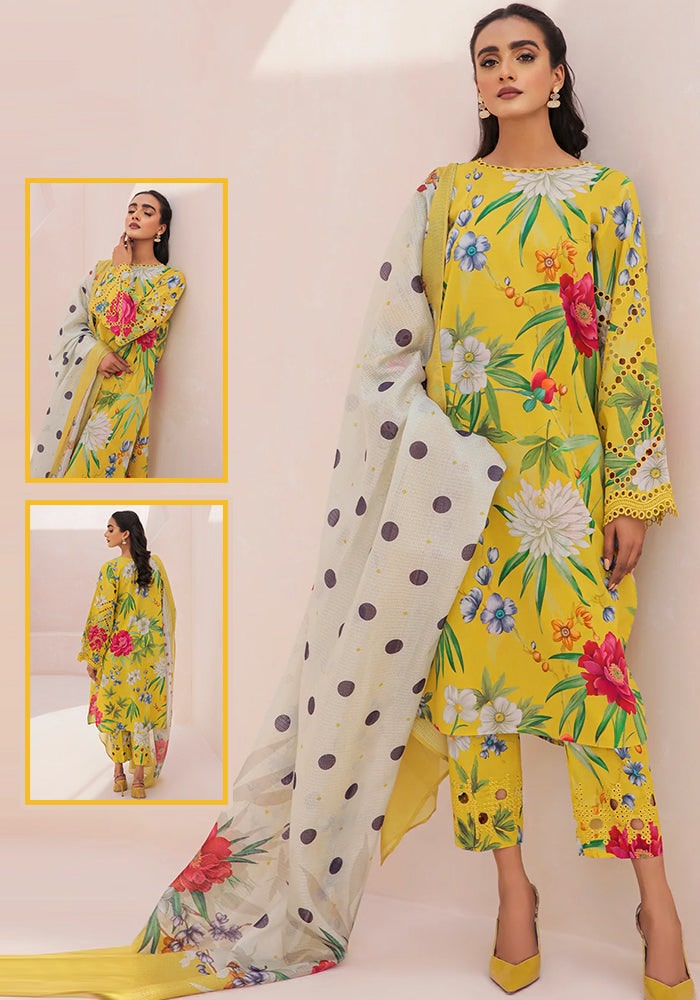 BAROQUE SWISS LAWN COLLECTION| YELLOW CHICKEN KARI|TOP PAKISTANI DRESS BY SHAEBIZ