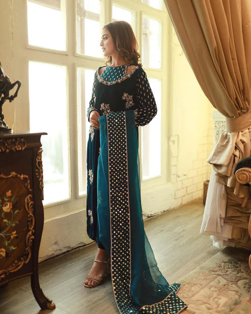 AFROZEH MICRO 9000 VELVET DRESS| UNSTITCHED MASTER REPLICA| WINTER COLLECTION| TOP PAKISTANI DRESS BY SHAEBIZ