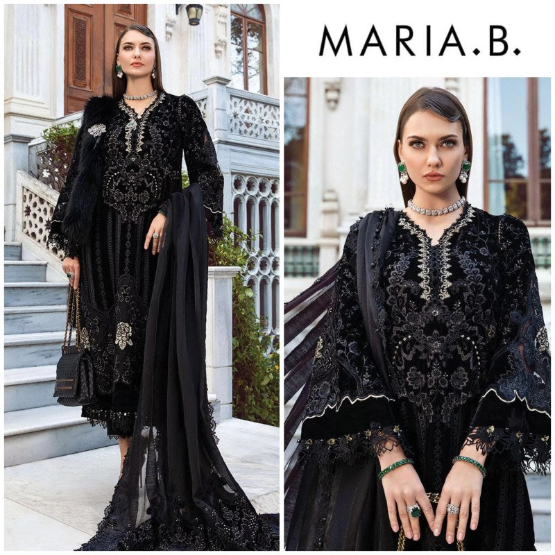 MARIA B LATEST BLACK DRESS| UNSTITCHED VELVET COLLECTION| MASTER REPLICA| TOO PAKISTANI DRESS BY SHAEBIZ
