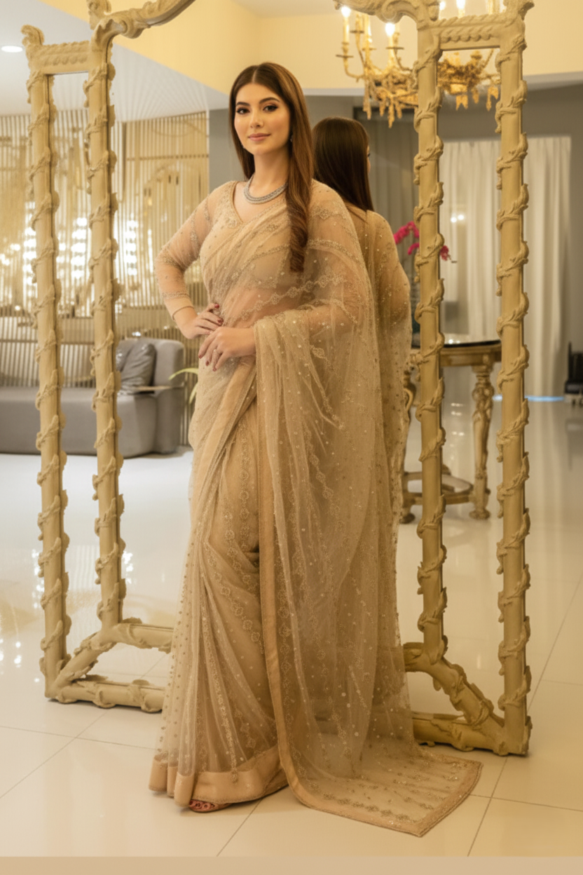 SABYASACHI LUXURY GOLDEN NET SAREE|UNSTITCHED WEDDING COLLECTION TOP PAKISTANI DRESS BY SHAEBIZ