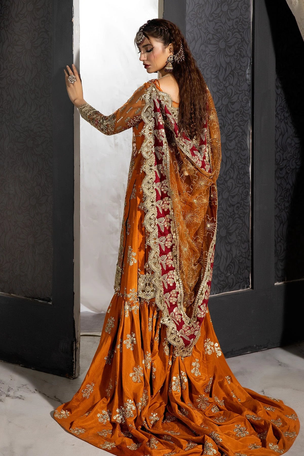 IMROZIA ORANGE HALDI GLOW NET DRESS | UNSTITCHED MEHNDI COLLECTION| TOP PAKISTANI DRESS BY SHAEBIZ