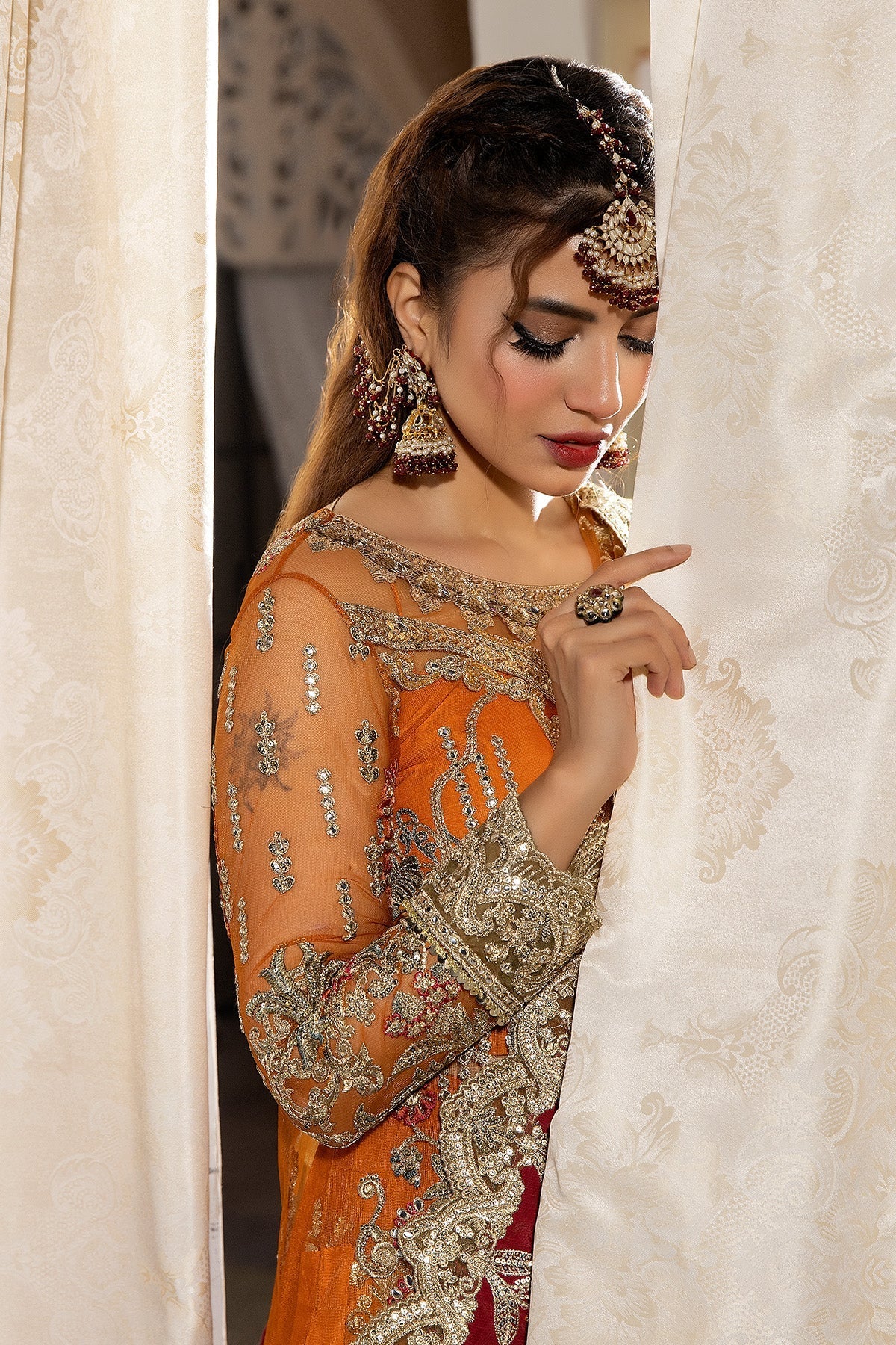 IMROZIA ORANGE HALDI GLOW NET DRESS | UNSTITCHED MEHNDI COLLECTION| TO   Shaebiz Collection