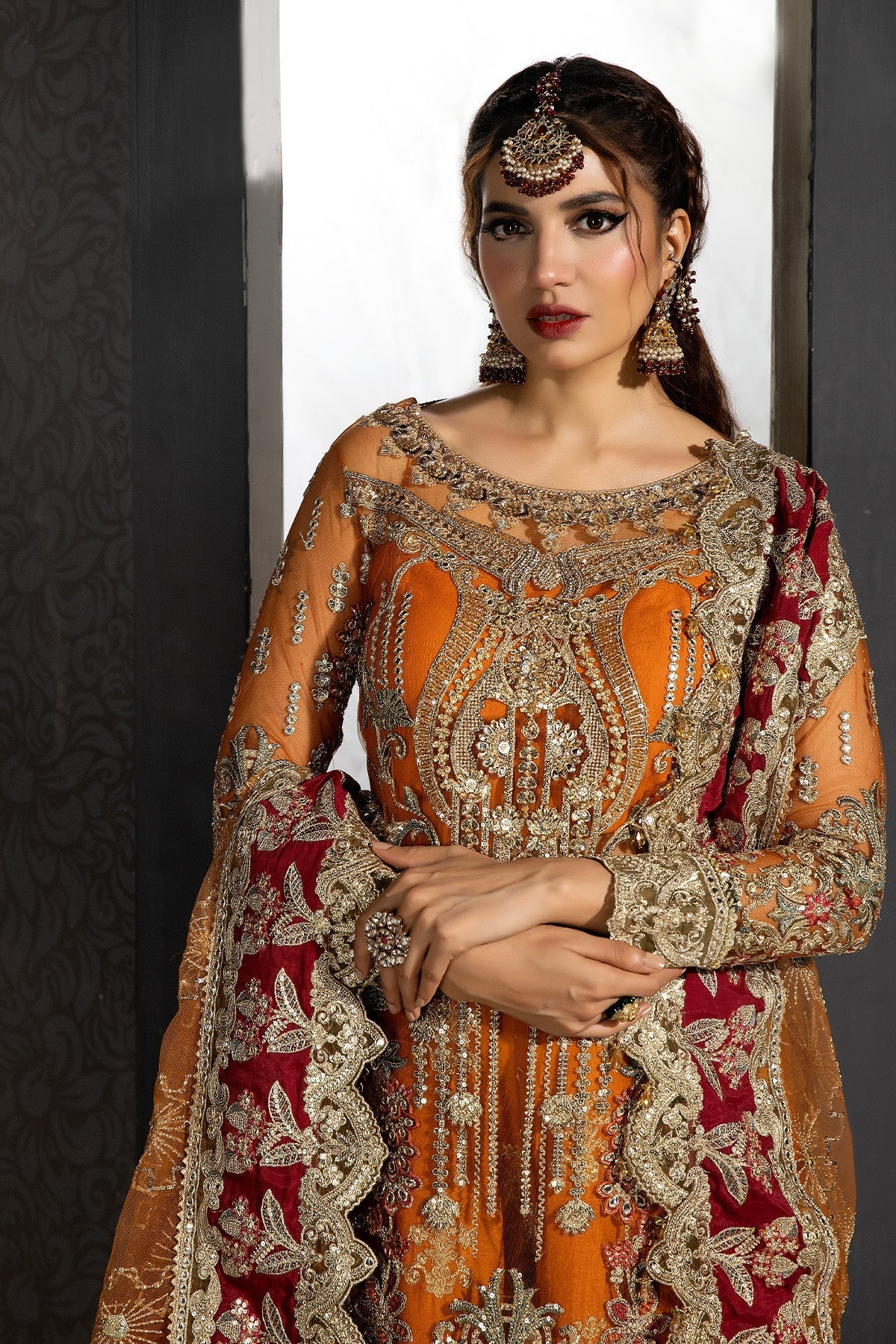 strapless open back dress IMROZIA ORANGE HALDI GLOW NET DRESS