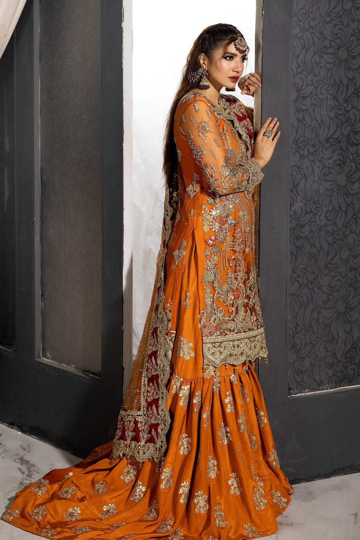 IMROZIA ORANGE HALDI GLOW NET DRESS | UNSTITCHED MEHNDI COLLECTION| TOP PAKISTANI DRESS BY SHAEBIZ