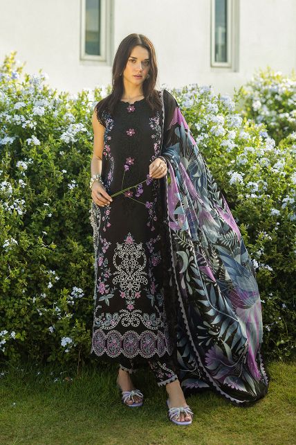 Mushq Black Lawn Chicken Kari Unstitch Collection | Top Pakistani Dress By Shaebiz