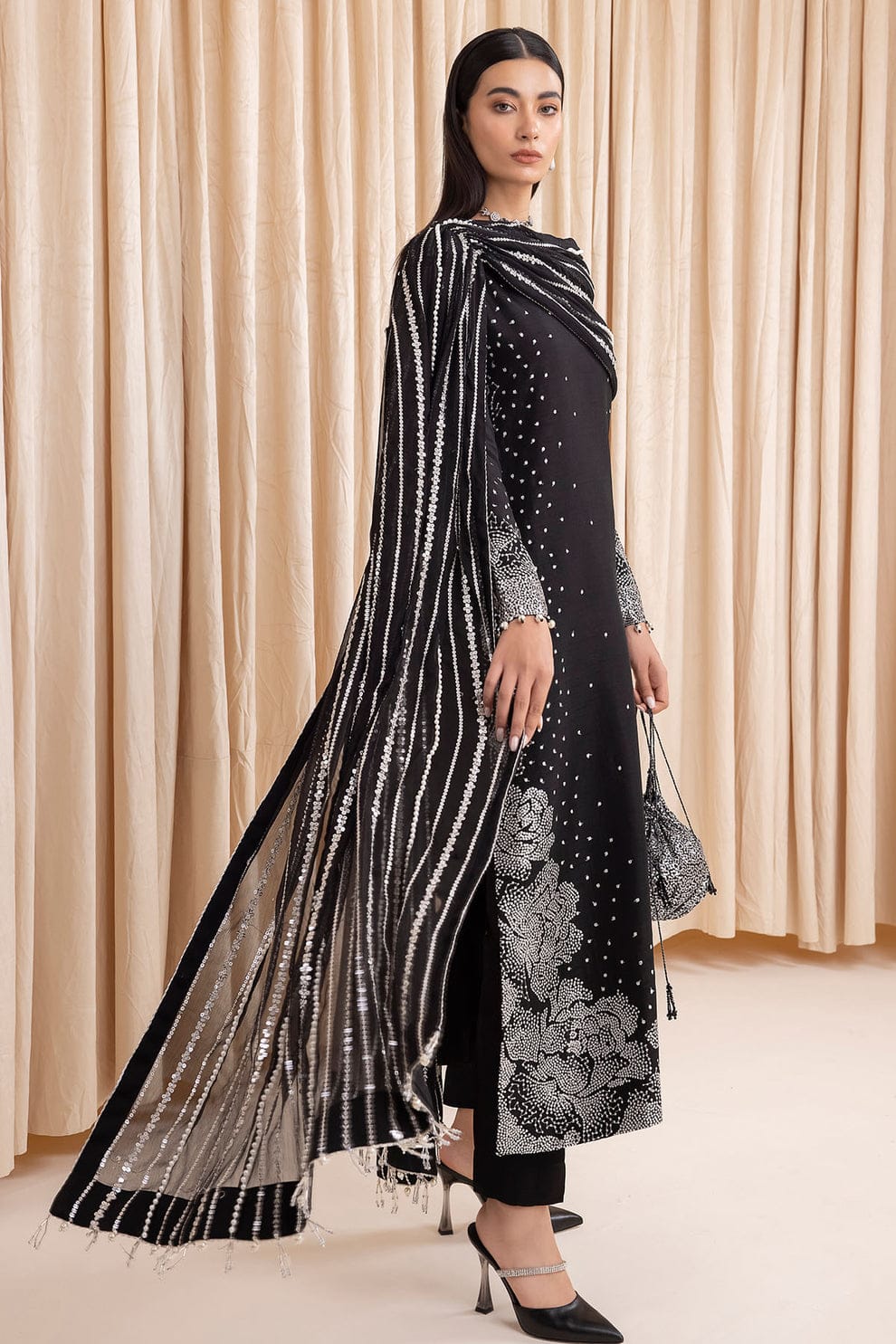 JAZMIN LUXURY ROW SILK COLLECTION | BLACK FORMAL WEAR| TOP PAKISTANI DRESS BY SHAEBIZ|