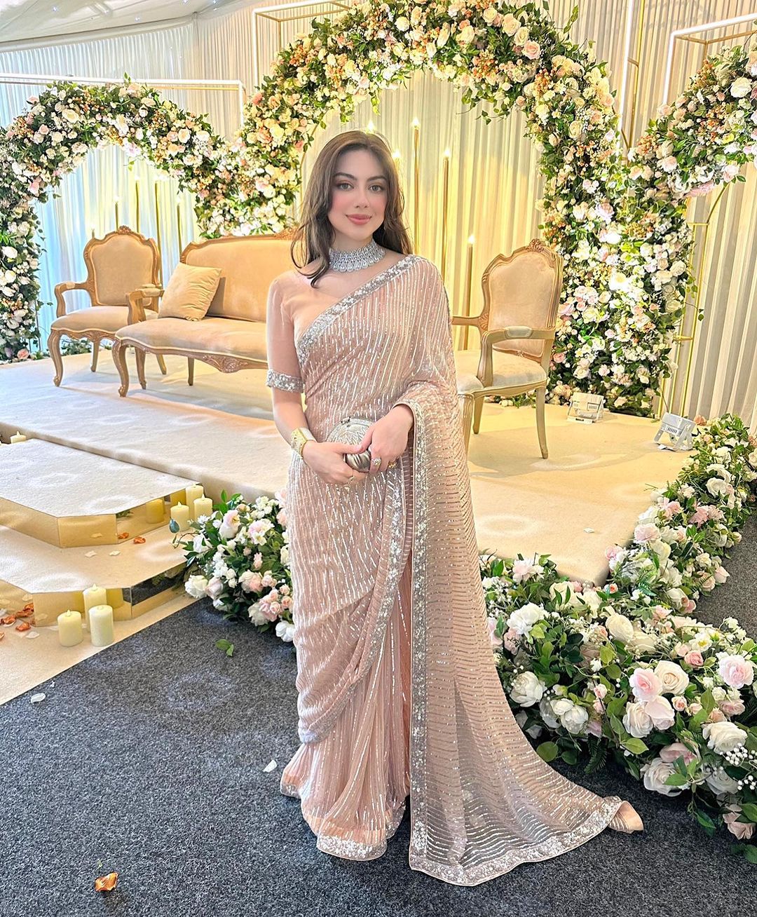 PEACH GORGEOUS SEQUENCE EMBROIDERY PARTY WEAR SAREE | UNSTITCHED MASTER REPLICA| TOP PAKISTANI DRESS BY SHAEBIZ