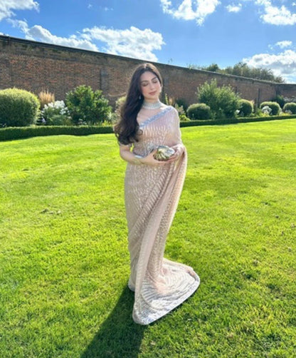 PEACH GORGEOUS SEQUENCE EMBROIDERY PARTY WEAR SAREE | UNSTITCHED MASTER REPLICA| TOP PAKISTANI DRESS BY SHAEBIZ