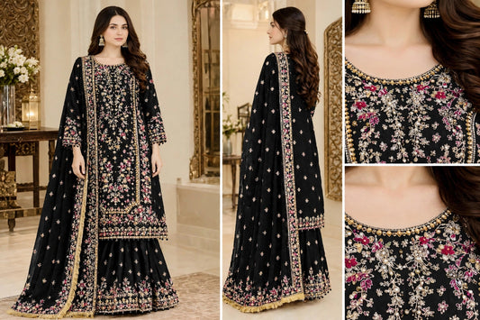SHAEBIZ PRESENTING LUXURY BLACK CHIFFON DRESS WITH GHRARA| UNSTITCHED WEDDING FORMALS BY SHAEBIZ