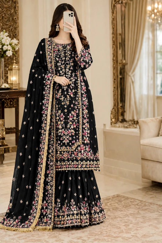 SHAEBIZ PRESENTING LUXURY BLACK CHIFFON DRESS WITH GHRARA| UNSTITCHED WEDDING FORMALS BY SHAEBIZ