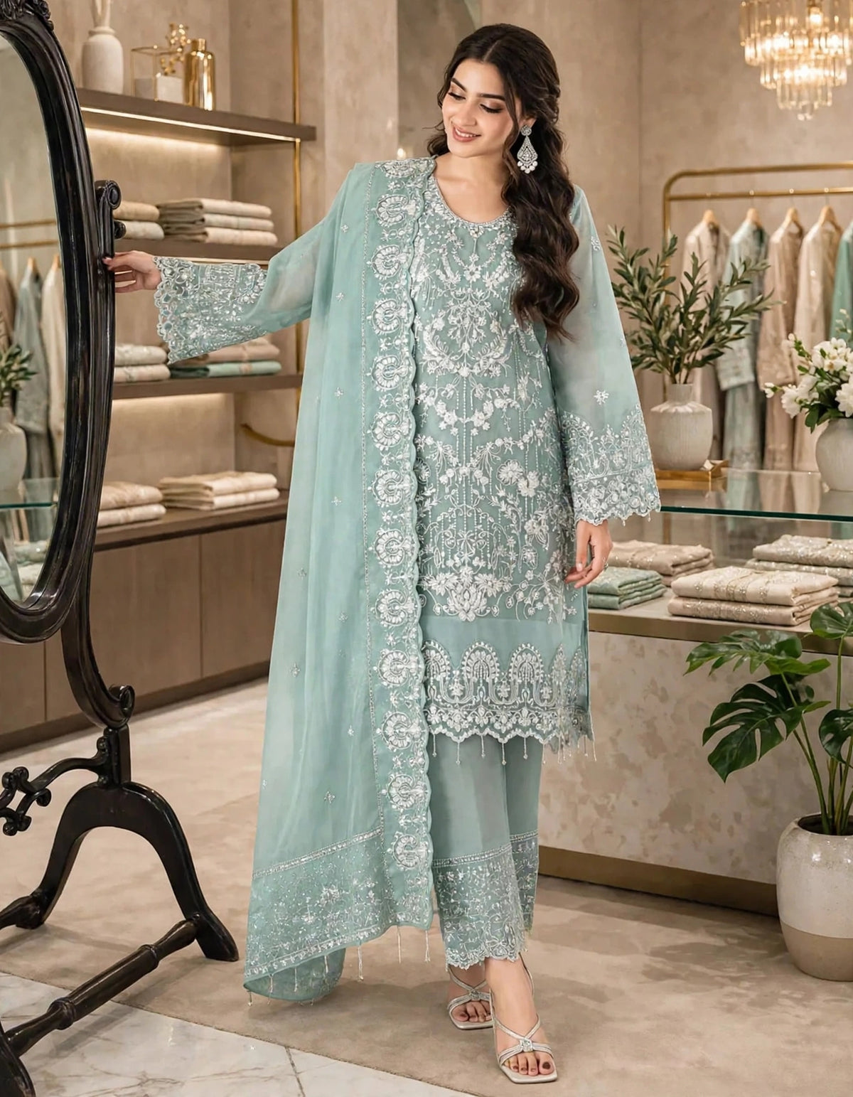 ASIM JOFA EMBROIDERED SAGE GREEN LUXURY NET COLLECTION| UNSTITCHED 3 PCS BY