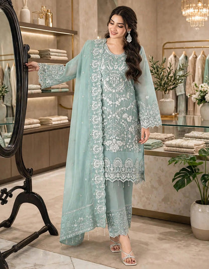 ASIM JOFA EMBROIDERED SAGE GREEN LUXURY NET COLLECTION| UNSTITCHED 3 PCS BY