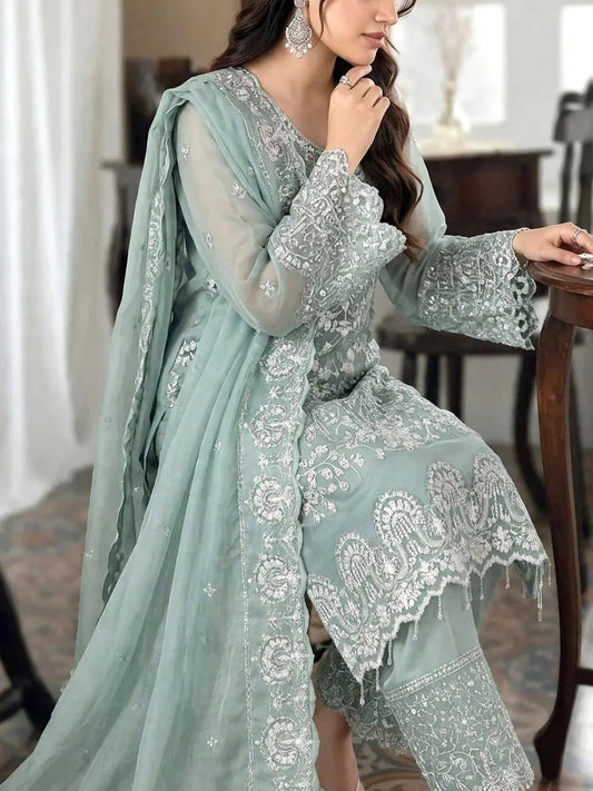 ASIM JOFA EMBROIDERED SAGE GREEN LUXURY NET COLLECTION| UNSTITCHED 3 PCS BY
