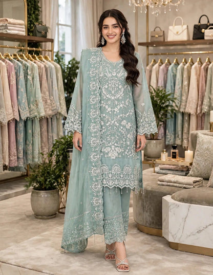 ASIM JOFA EMBROIDERED SAGE GREEN LUXURY NET COLLECTION| UNSTITCHED 3 PCS BY