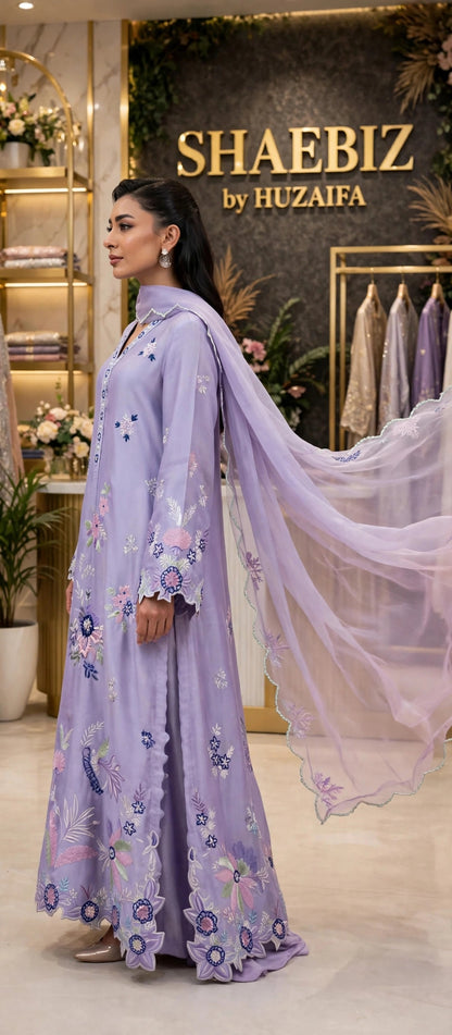 SHAEBIZ PRESENTING VIRAL KAFTAN | LILIC COLOR|UNSTITCHED 3 PCS BY