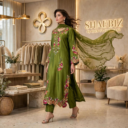 SHAEBIZ PRESENTING LUXURY SILK KAFTAN| UNSTITCHED 3 PCS BY SHAEBIZ
