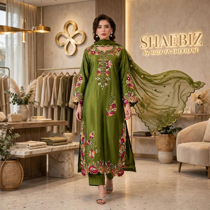 SHAEBIZ PRESENTING LUXURY SILK KAFTAN| UNSTITCHED 3 PCS BY SHAEBIZ