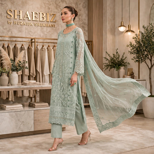 GULAAL LUXURY MINT GREEN CHIFFON COLLECTION| UNSTITCHED 3 PCS BY SHAEBIZ