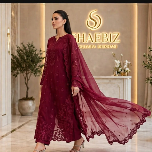 AZURE SHOCKING PINK LUXURY CHIFFON COLLECTION| UNSTITCHED 3 PCS BY SHAEBIZ
