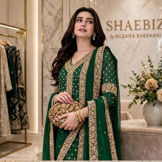 HARIS SHAKEEL NEW BOTTLE GREEN LUXURY CHIFFON COLLECTION| UNSTITCHED 3 PCS BY SHAEBIZ