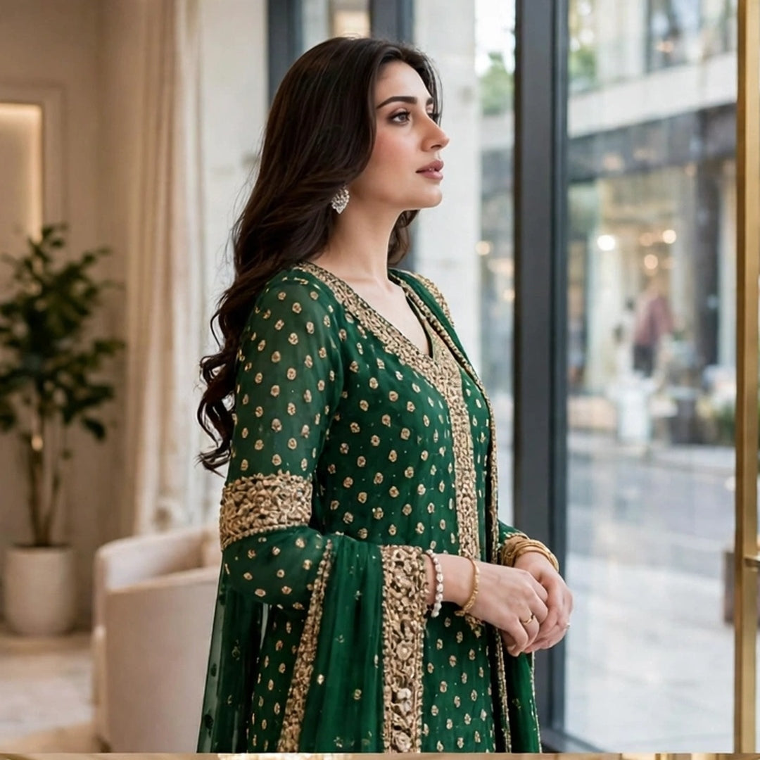 HARIS SHAKEEL NEW BOTTLE GREEN LUXURY CHIFFON COLLECTION| UNSTITCHED 3 PCS BY SHAEBIZ