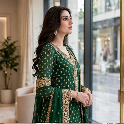 HARIS SHAKEEL NEW BOTTLE GREEN LUXURY CHIFFON COLLECTION| UNSTITCHED 3 PCS BY SHAEBIZ