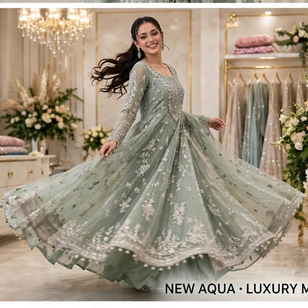 MARIA B LATEST NET COLLECTION| AQUA COLOR| UNSTITCHED 3 PCS BY SHAEBIZ