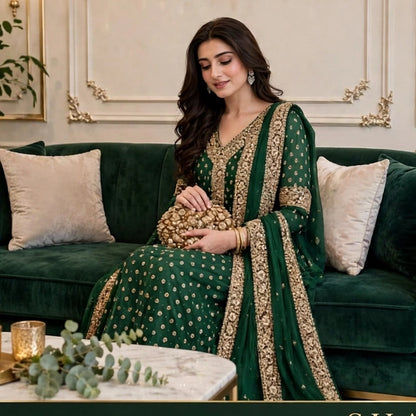 HARIS SHAKEEL NEW BOTTLE GREEN LUXURY CHIFFON COLLECTION| UNSTITCHED 3 PCS BY SHAEBIZ