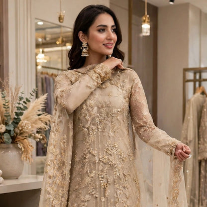 SHAEBIZ PRESENTING LUXURY ORGENZA SKIN COLOR DRESS | UNSTITCHED 3 PCS BY SHAEBIZ