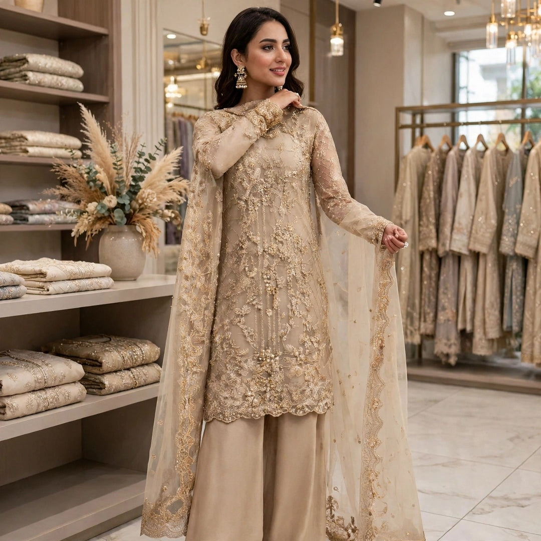 SHAEBIZ PRESENTING LUXURY ORGENZA SKIN COLOR DRESS | UNSTITCHED 3 PCS BY SHAEBIZ